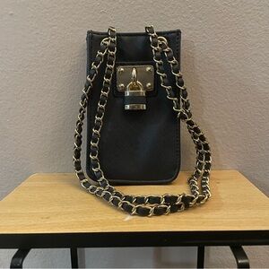 Black Faux Leather Cell Phone Holder Mini Bag Crossbody w Gold Chain — Like New